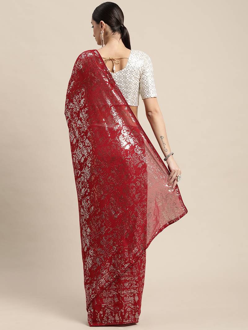 Maroon Georgette Sequence Saree With Blouse Piece