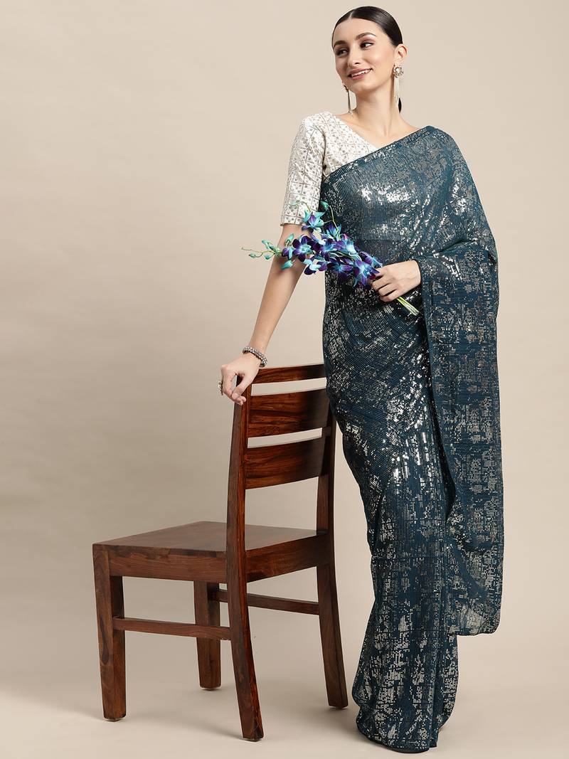 Morpic Georgette Sequence Saree With blouse piece