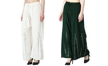 Stylish Flared Stone / Mirror work with embrodiery Combo Palazzo Pant White , Dark Green 1