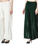 Stylish Flared Stone / Mirror work with embrodiery Combo Palazzo Pant White , Dark Green