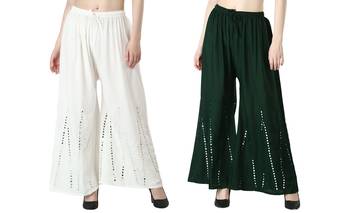 Stylish Flared Stone / Mirror work with embrodiery Combo Palazzo Pant White , Dark Green 2