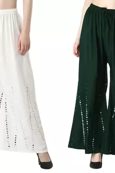 Stylish Flared Stone / Mirror work with embrodiery Combo Palazzo Pant White , Dark Green