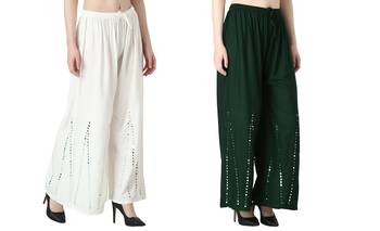 Stylish Flared Stone / Mirror work with embrodiery Combo Palazzo Pant White , Dark Green 3