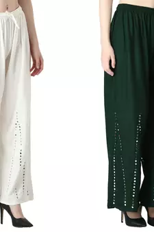 Stylish Flared Stone / Mirror work with embrodiery Combo Palazzo Pant White , Dark Green