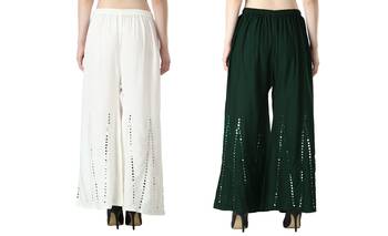 Stylish Flared Stone / Mirror work with embrodiery Combo Palazzo Pant White , Dark Green 4