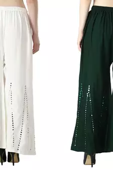 Stylish Flared Stone / Mirror work with embrodiery Combo Palazzo Pant White , Dark Green