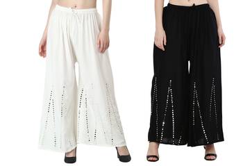 Stylish Flared Stone / Mirror work with embrodiery Combo Palazzo Pant White , Black 3
