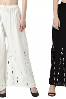 Stylish Flared Stone / Mirror work with embrodiery Combo Palazzo Pant White , Black