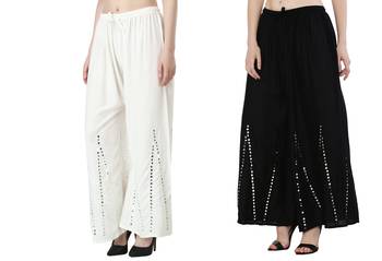 Stylish Flared Stone / Mirror work with embrodiery Combo Palazzo Pant White , Black 4