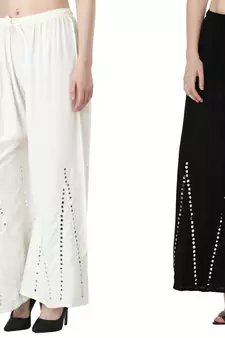 Stylish Flared Stone / Mirror work with embrodiery Combo Palazzo Pant White , Black