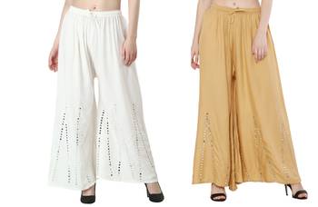 Stylish Flared Stone / Mirror work with embrodiery Combo Palazzo Pant White , Cream 1