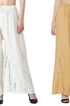 Stylish Flared Stone / Mirror work with embrodiery Combo Palazzo Pant White , Cream