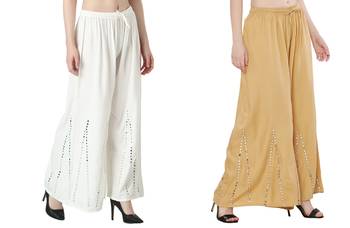 Stylish Flared Stone / Mirror work with embrodiery Combo Palazzo Pant White , Cream 2