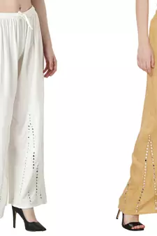 Stylish Flared Stone / Mirror work with embrodiery Combo Palazzo Pant White , Cream