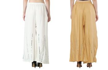 Stylish Flared Stone / Mirror work with embrodiery Combo Palazzo Pant White , Cream 3