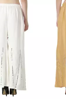 Stylish Flared Stone / Mirror work with embrodiery Combo Palazzo Pant White , Cream