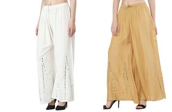 Stylish Flared Stone / Mirror work with embrodiery Combo Palazzo Pant White , Cream 4