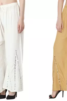 Stylish Flared Stone / Mirror work with embrodiery Combo Palazzo Pant White , Cream