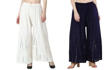 Stylish Flared Stone / Mirror work with embrodiery Combo Palazzo Pant White , Navy 1