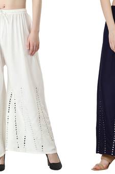 Stylish Flared Stone / Mirror work with embrodiery Combo Palazzo Pant White , Navy