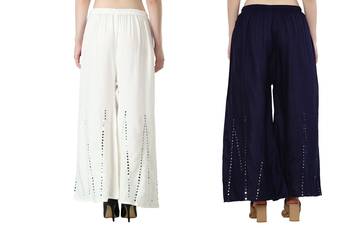 Stylish Flared Stone / Mirror work with embrodiery Combo Palazzo Pant White , Navy 2