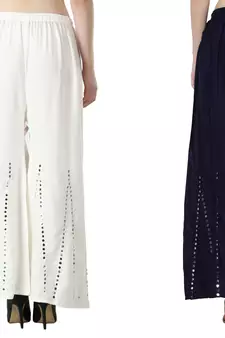 Stylish Flared Stone / Mirror work with embrodiery Combo Palazzo Pant White , Navy