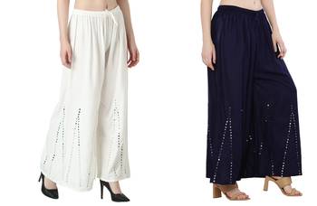 Stylish Flared Stone / Mirror work with embrodiery Combo Palazzo Pant White , Navy 3