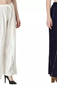 Stylish Flared Stone / Mirror work with embrodiery Combo Palazzo Pant White , Navy