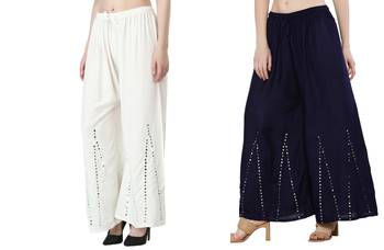 Stylish Flared Stone / Mirror work with embrodiery Combo Palazzo Pant White , Navy 4