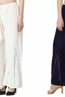 Stylish Flared Stone / Mirror work with embrodiery Combo Palazzo Pant White , Navy