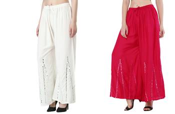 Stylish Flared Stone / Mirror work with embrodiery Combo Palazzo Pant White , Pink 1