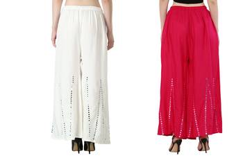 Stylish Flared Stone / Mirror work with embrodiery Combo Palazzo Pant White , Pink 2