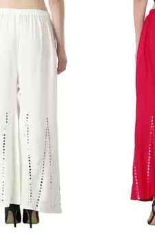 Stylish Flared Stone / Mirror work with embrodiery Combo Palazzo Pant White , Pink