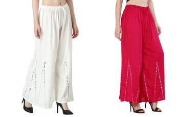 Stylish Flared Stone / Mirror work with embrodiery Combo Palazzo Pant White , Pink 3