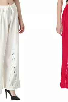 Stylish Flared Stone / Mirror work with embrodiery Combo Palazzo Pant White , Pink