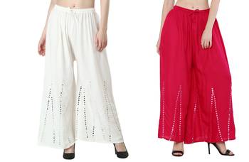 Stylish Flared Stone / Mirror work with embrodiery Combo Palazzo Pant White , Pink 4