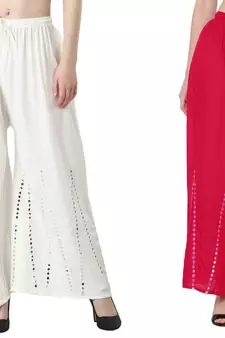 Stylish Flared Stone / Mirror work with embrodiery Combo Palazzo Pant White , Pink