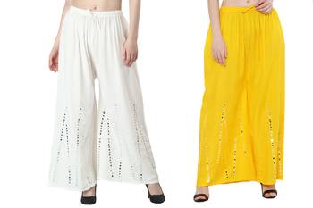 Stylish Flared Stone / Mirror work with embrodiery Combo Palazzo Pant White , Yellow 1