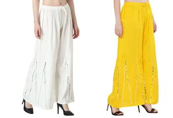 Stylish Flared Stone / Mirror work with embrodiery Combo Palazzo Pant White , Yellow 2
