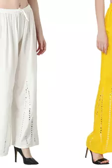 Stylish Flared Stone / Mirror work with embrodiery Combo Palazzo Pant White , Yellow