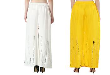 Stylish Flared Stone / Mirror work with embrodiery Combo Palazzo Pant White , Yellow 3