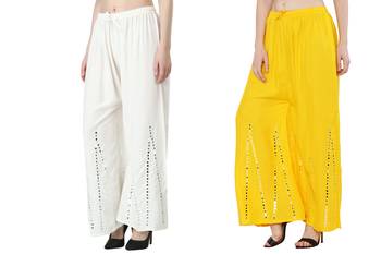 Stylish Flared Stone / Mirror work with embrodiery Combo Palazzo Pant White , Yellow 4