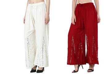 Stylish Flared Stone / Mirror work with embrodiery Combo Palazzo Pant White , Maroon 1