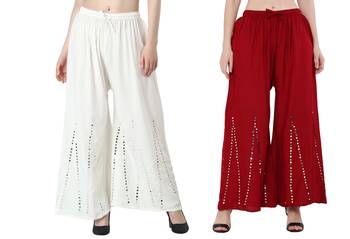 Stylish Flared Stone / Mirror work with embrodiery Combo Palazzo Pant White , Maroon 2