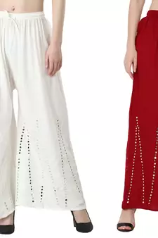 Stylish Flared Stone / Mirror work with embrodiery Combo Palazzo Pant White , Maroon