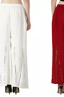 Stylish Flared Stone / Mirror work with embrodiery Combo Palazzo Pant White , Maroon