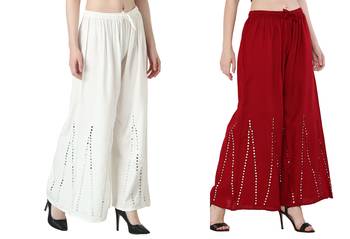 Stylish Flared Stone / Mirror work with embrodiery Combo Palazzo Pant White , Maroon 4