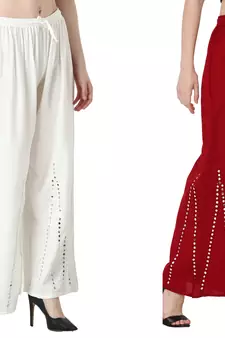 Stylish Flared Stone / Mirror work with embrodiery Combo Palazzo Pant White , Maroon