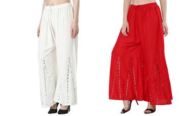 Stylish Flared Stone / Mirror work with embrodiery Combo Palazzo Pant White , Red 1
