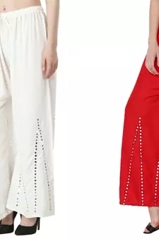 Stylish Flared Stone / Mirror work with embrodiery Combo Palazzo Pant White , Red
